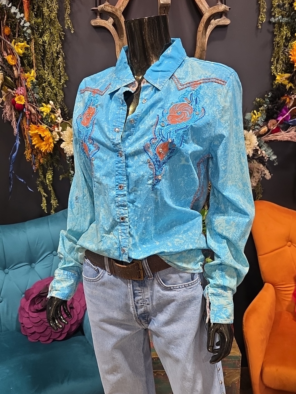Roar Turquoise Embroidered & Beaded Western Button-Down Shirt